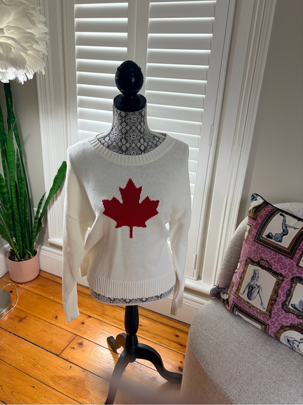 Old Navy White Crewneck Sweater with Red Maple Leaf